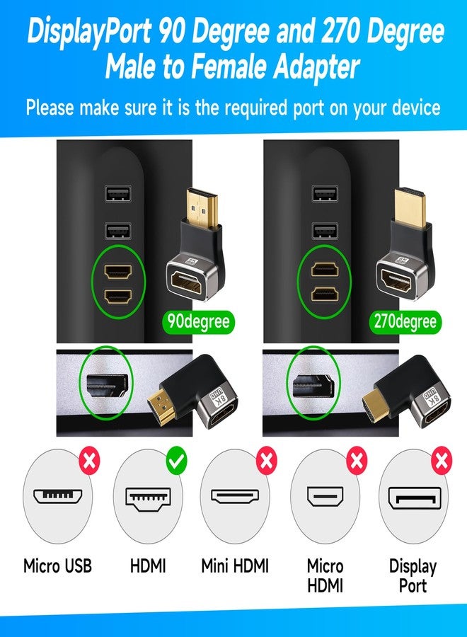 Togconn Right Angle 8K HDMI 2.1 Adapter Multi-Type 90 Degree and 270 Degree Adapter 4 Pack, HDMI Male to Female Vertical Connector Converter HDMI L Shape Extender, Support 8K@60Hz，4K@120Hz，4K@60Hz，4K@30Hz - Image 2